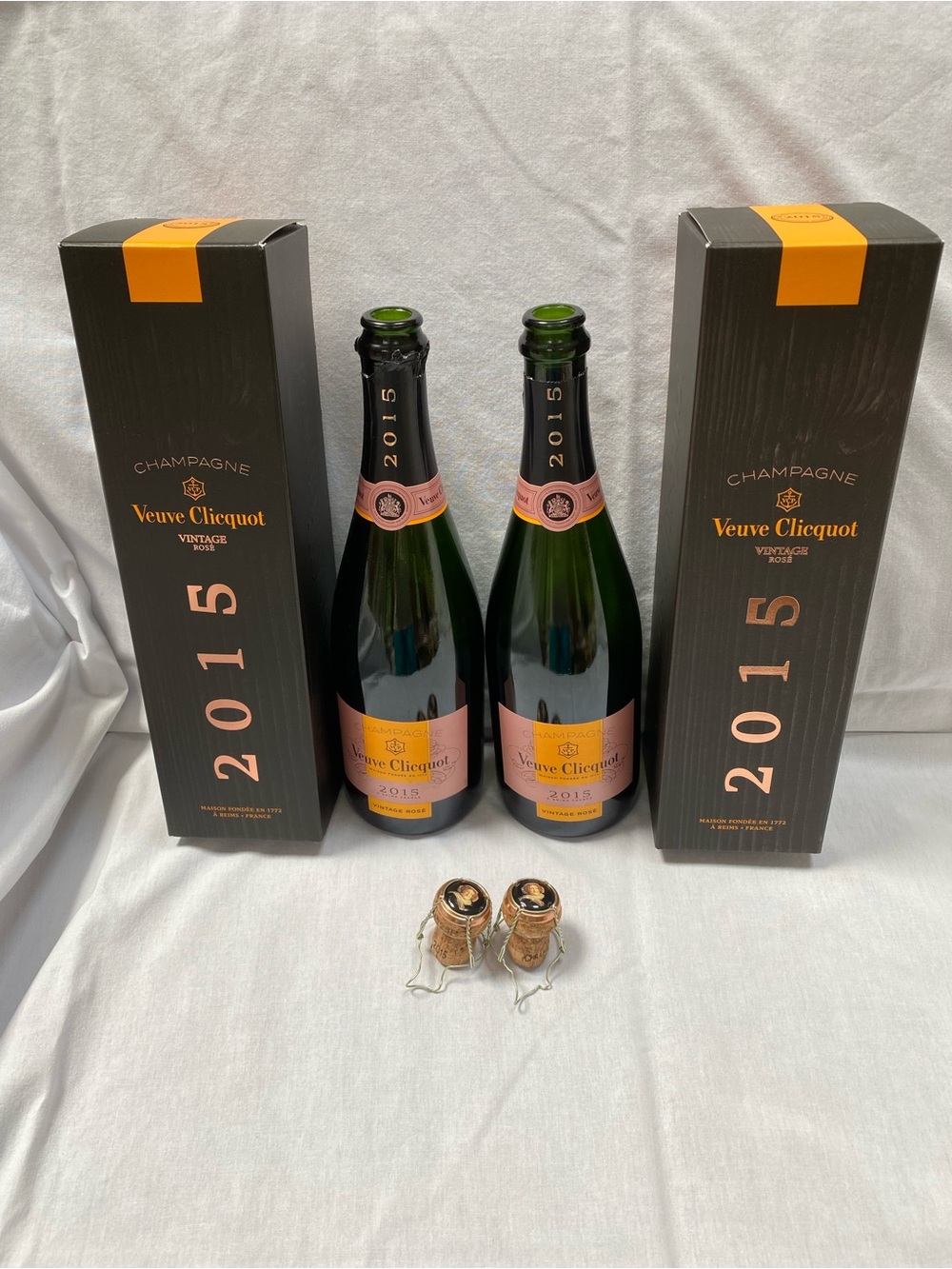 Veuve Clicquot Vintage Rose 2015 Set of 2 empty bottles, boxes, corks and cages